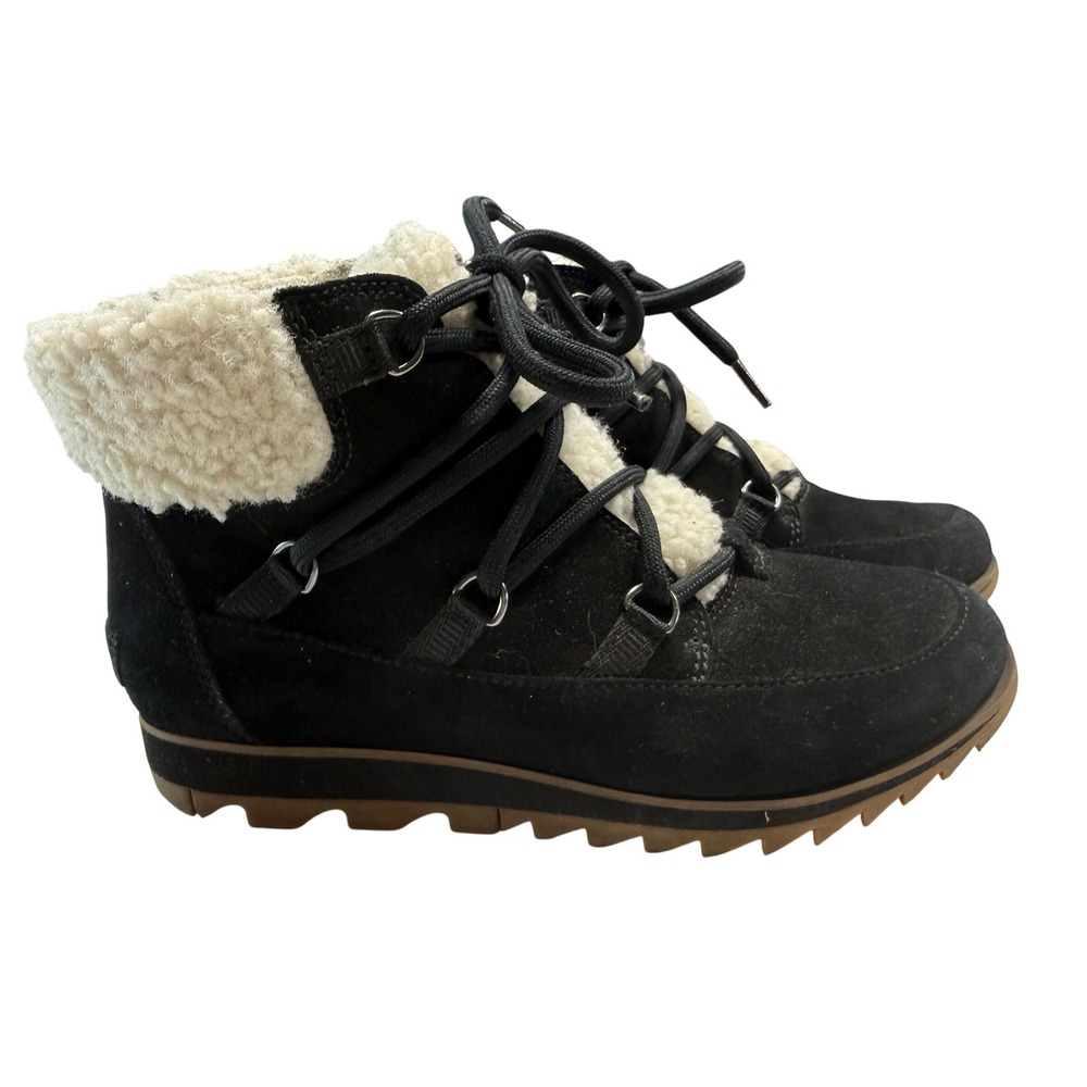 Sorel Womens Harlow Lace Cozy Ankle Bootie Black Cream Faux Fur Suede Shoes Sz 8